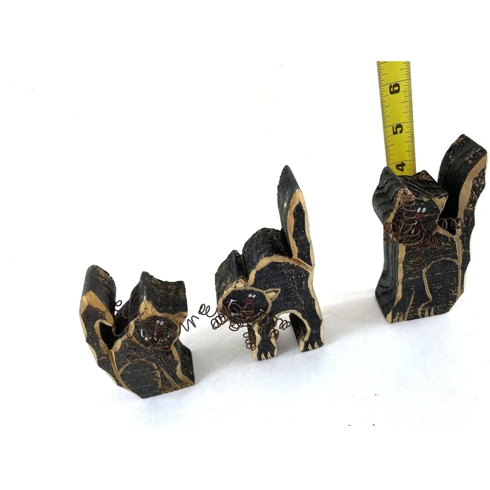 3 Vintage Wood Cats Hand Carved Whiskers Figurines Halloween